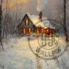 A painting of a snowy pathway leading to a warm cabin for a phone wallpaper.