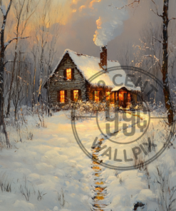 A painting of a snowy pathway leading to a warm cabin for a phone wallpaper.