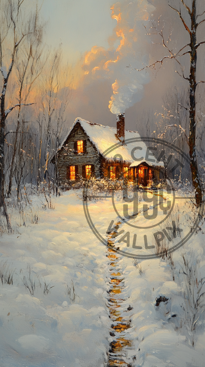 A painting of a snowy pathway leading to a warm cabin for a phone wallpaper.