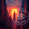 A retro image of a cityscape with the sun rising in the background for a phone wallpaper.