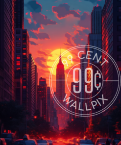 A retro image of a cityscape with the sun rising in the background for a phone wallpaper.