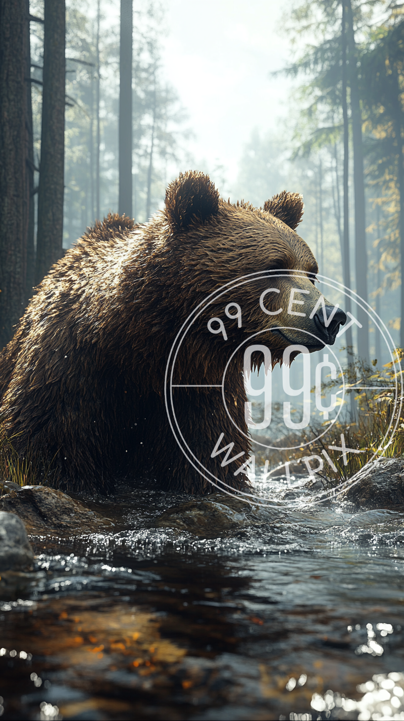 An image of a grizzly bear looking for fish in a stream for a phone wallpaper.
